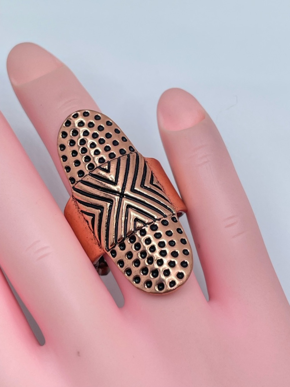 Copper Tone Geometric Stretch Ring Bold Tribal Statement